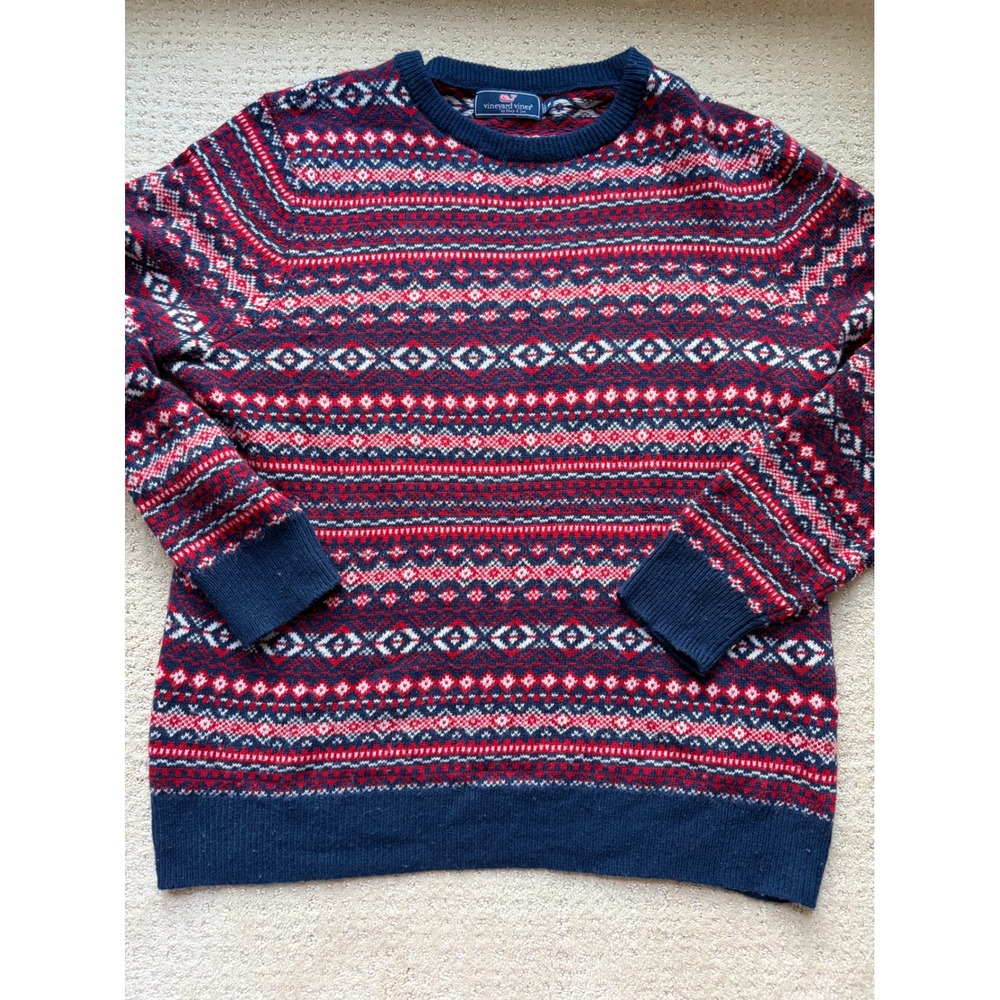 Vineyard Vines Sweater Medium Blue Red Fair Isle Knit Heritage Preppy Americana